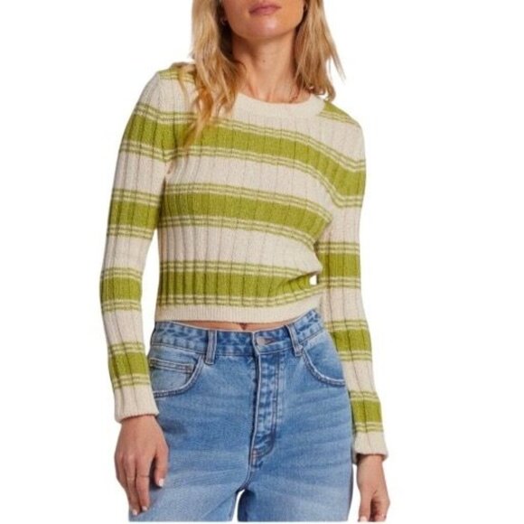 Billabong Womens Clare Ribbed Stripe Knit Sweater Size Large Green And Cream - Picture 1 of 7